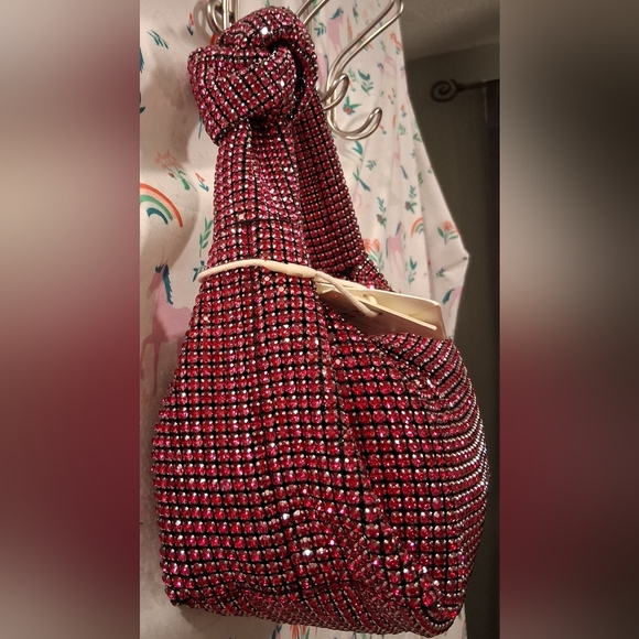 NWT Madison West Hot Pink Rhinestone Club Prom Knit Dumpling Purse Mini Bag - Picture 8 of 14